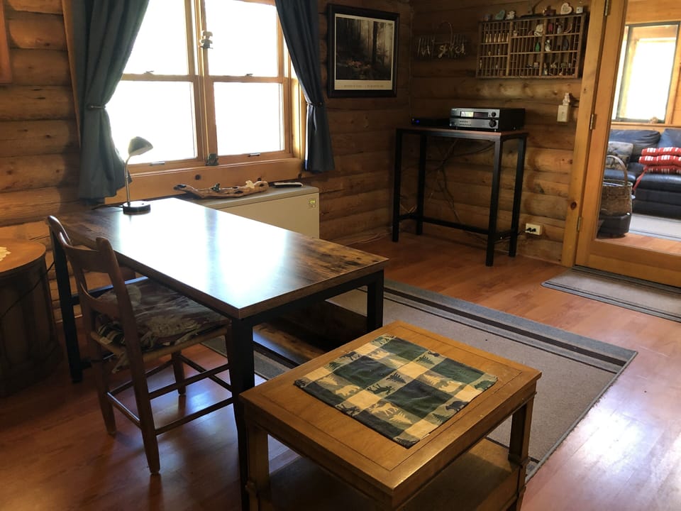 Office area with desk and stereo system