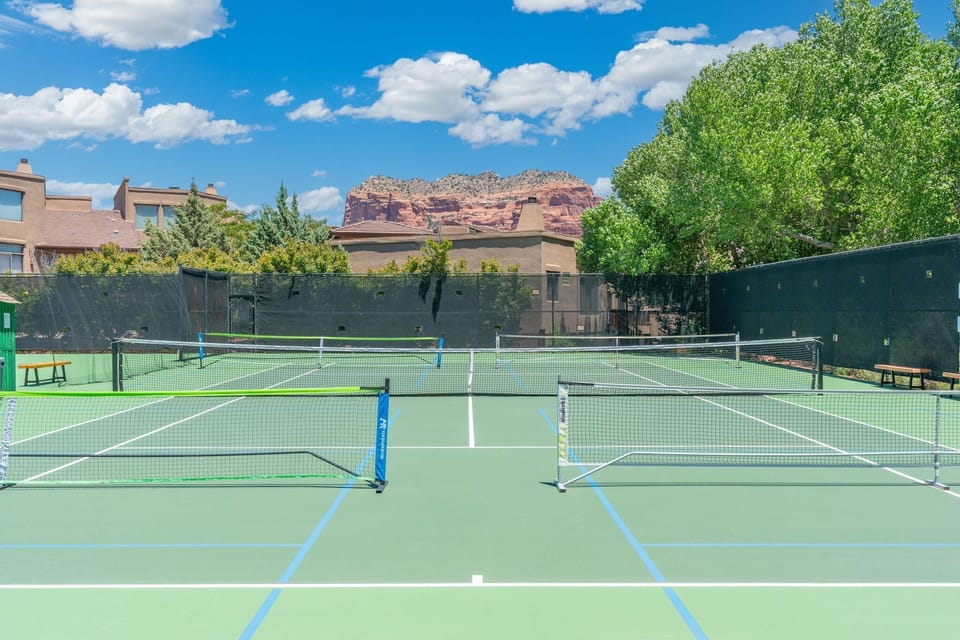 The community tennis and pickle ball courts : open to use for a small fee.