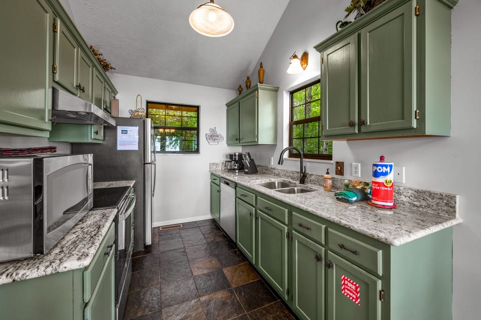 Stainless steel appliances and granite countertops