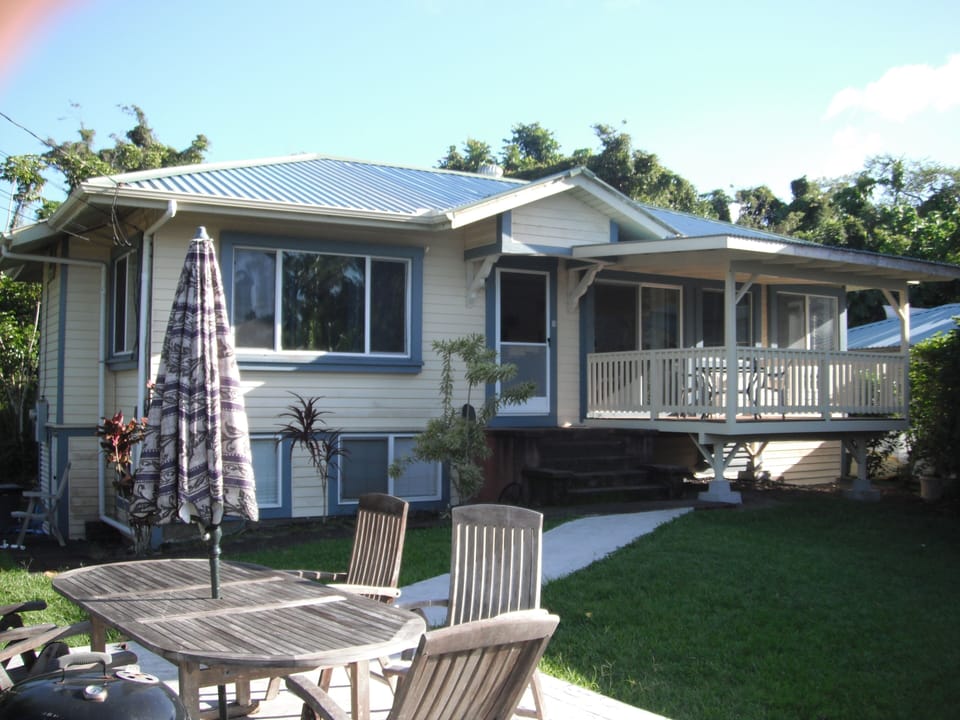 Front entrance, deck and patio overlooking beach park.