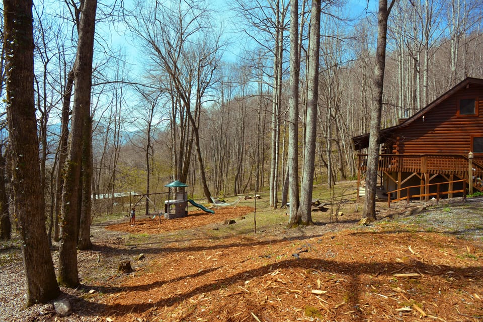 huge private backyard with playground, hammock, firepit, tetherball, and grills