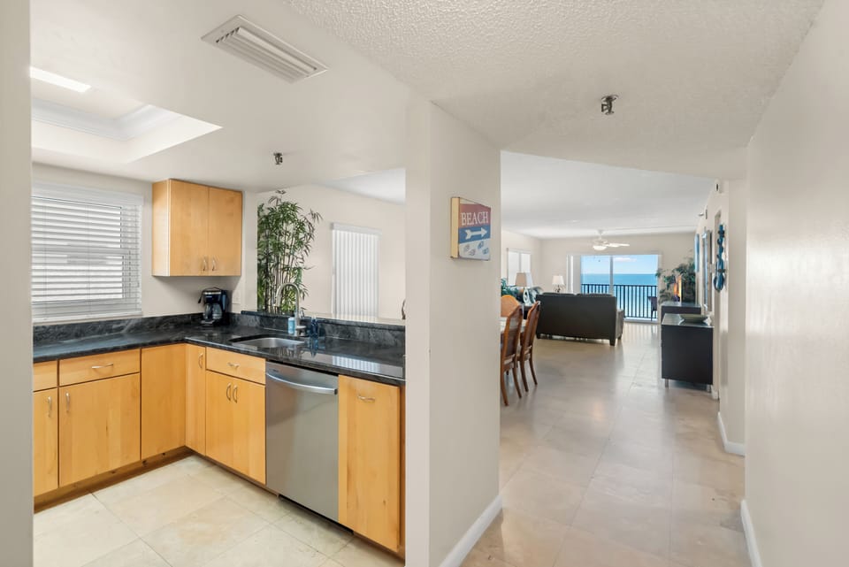 Easy access to living area and modern kitchen