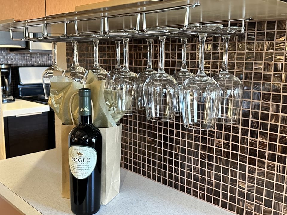 Wine bar with complimentary bottle of wine for our guests!