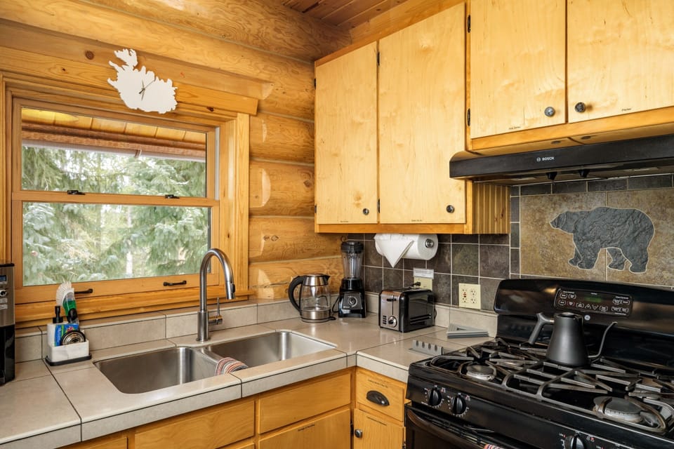 Kitchen sink area with forest-view window, gas range, and small appliances