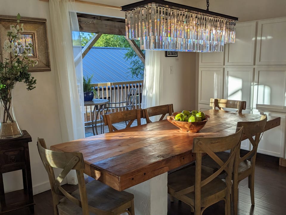 French doors open to the outside breeze.