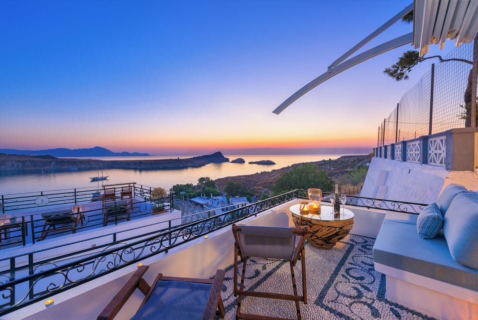 Panoramic sea view of Lindos main harbor from the veranda!!!