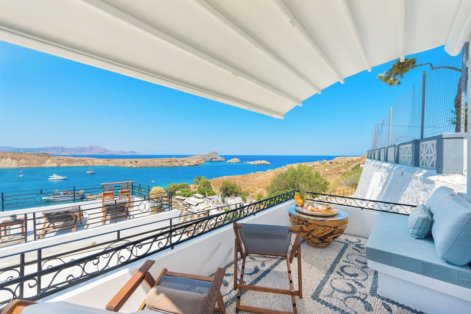 Panoramic sea view of Lindos main harbor from the veranda!!!