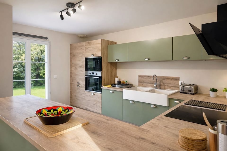 Fully equipped kitchen with direct access to terrace and garden.