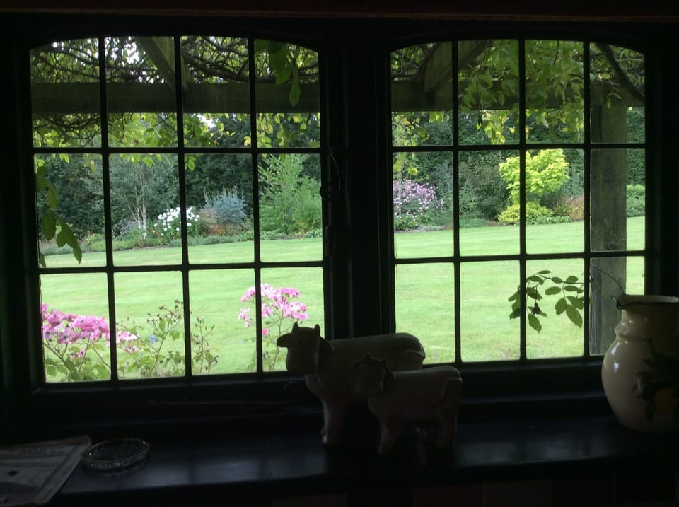 View from the kitchen sink over the lawn to the woodland walk.