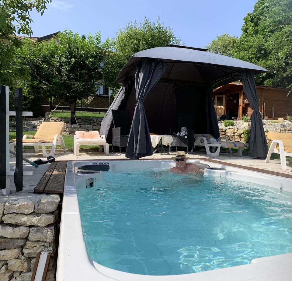 Rear secluded garden w/swimming pool, pergola,covered decking w/big dining area.