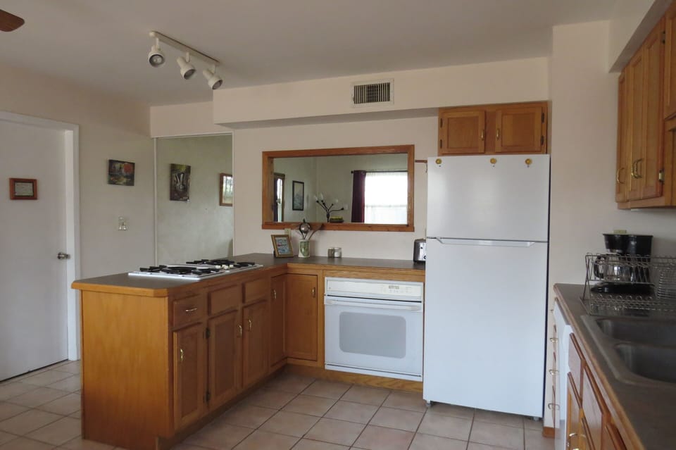 gas stove, electric oven, fridge, toaster, coffee pot.