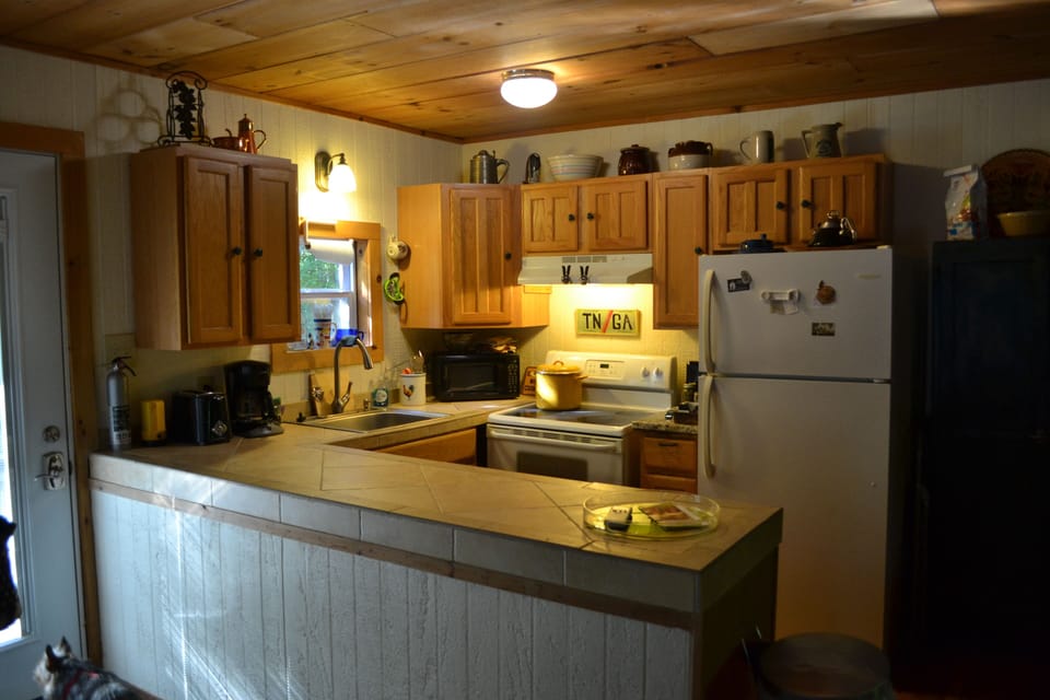 Kitchenette with DW, microwave.  No ice maker. Pioneer Woman pans. 