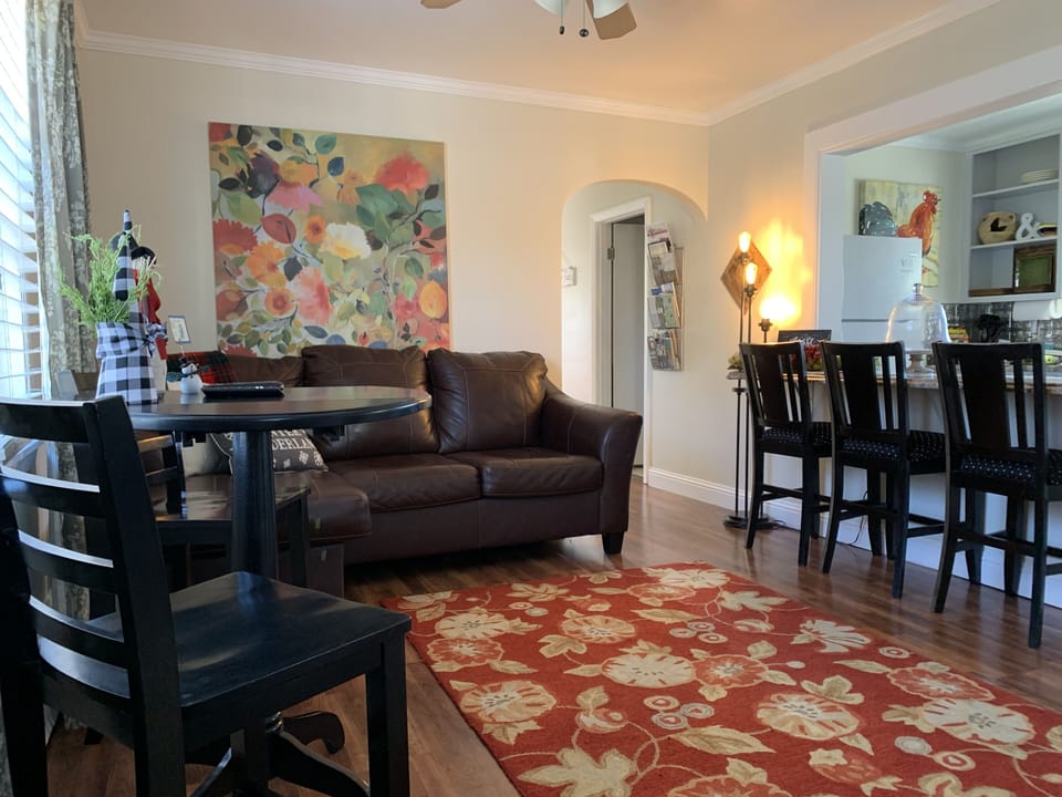 Living area has leather couch, bar for eating, 55 inch TV with streaming.