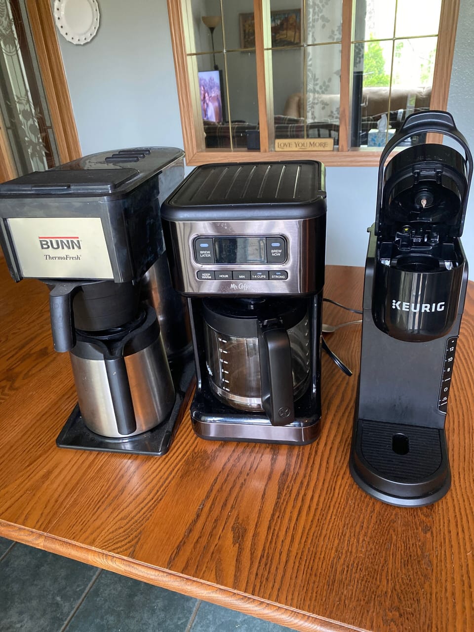 Coffee three options. Mr Coffee, Keurig or Bunn. 