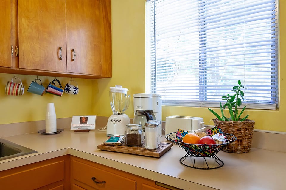 Goodies including coffee, tea bags, fresh fruit & cookies await your arrival!