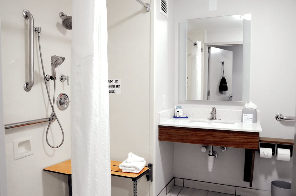 Combined shower/tub, free toiletries, hair dryer, towels