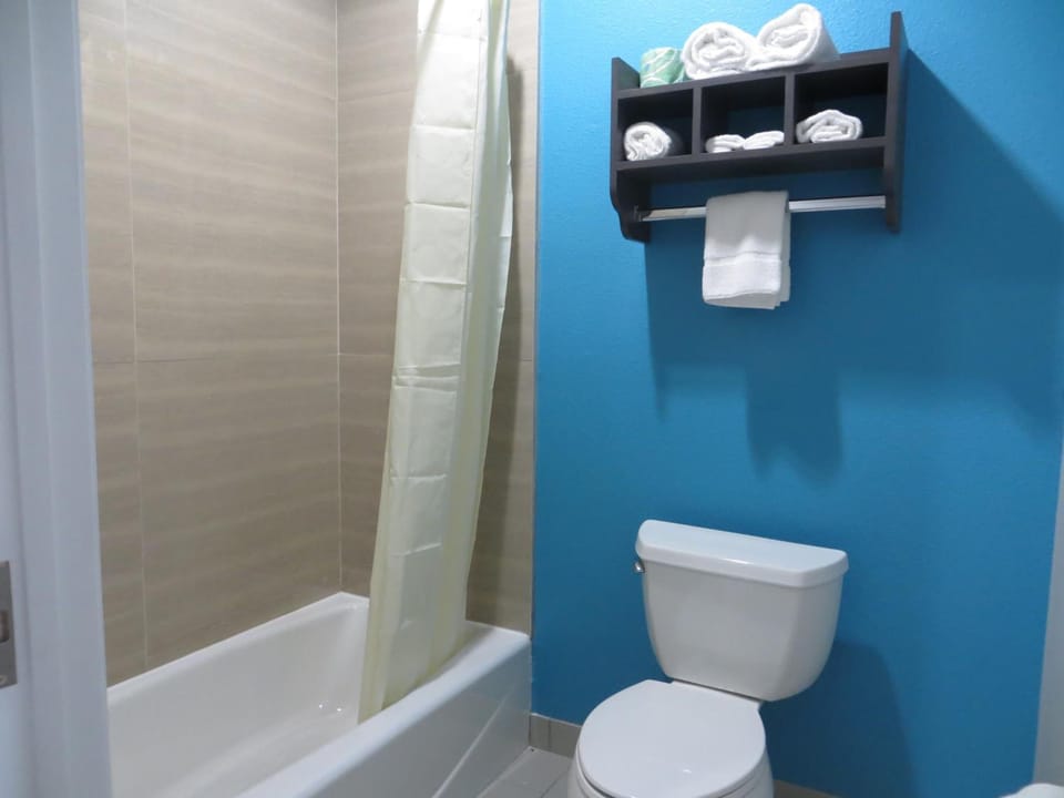 Bathtub, free toiletries, hair dryer, towels