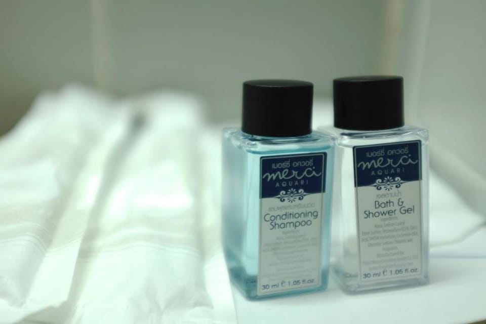 Shower, towels, soap, shampoo