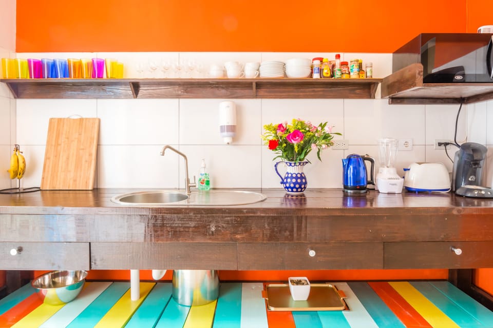 Fridge, microwave, toaster, cookware/dishes/utensils