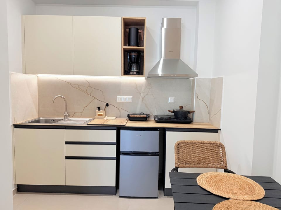 Deluxe Apartment, 2 Queen Beds, Partial Sea View | Private kitchen | Fridge, stovetop, electric kettle, highchair