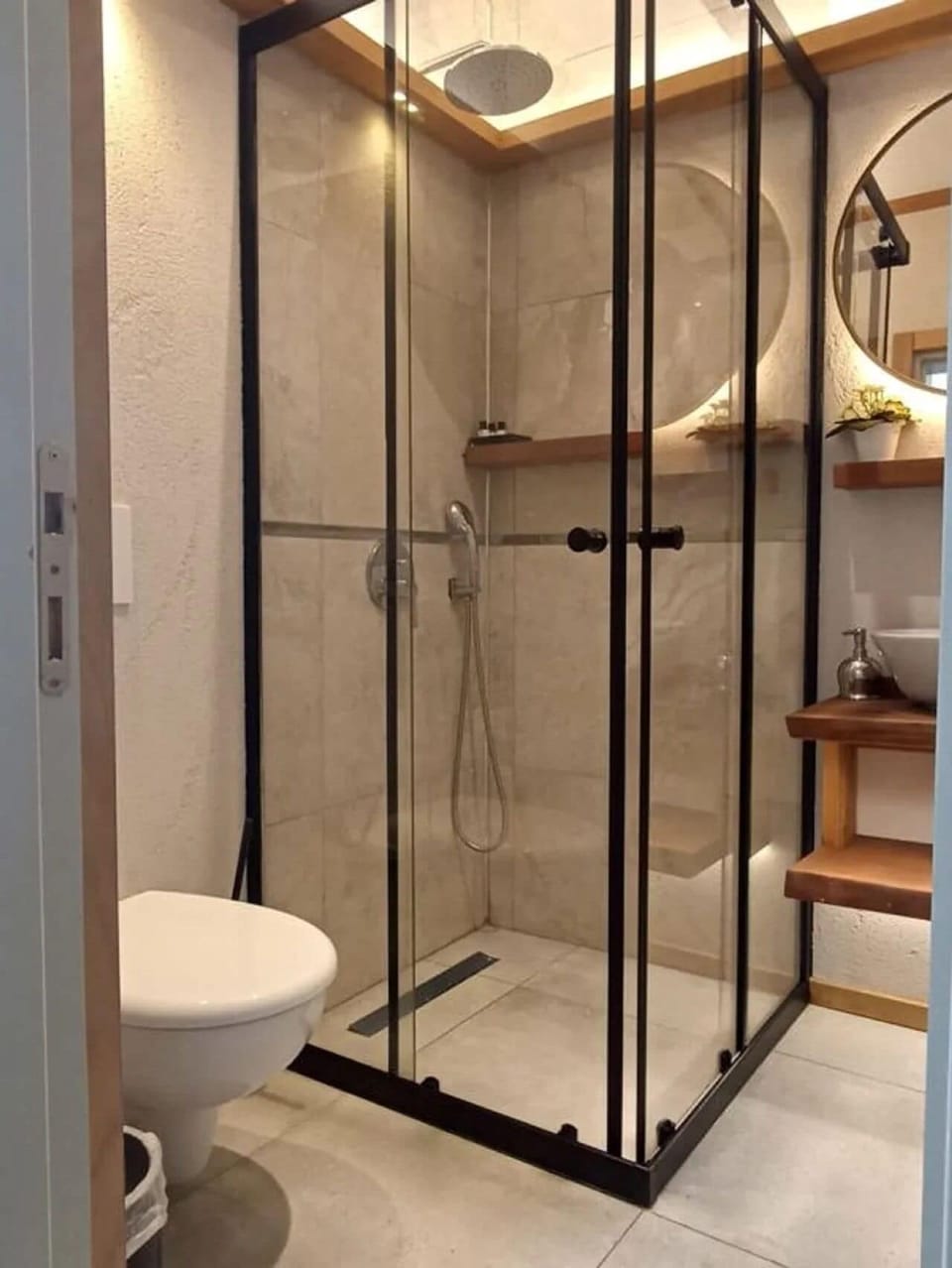 Shower, hair dryer, slippers, towels