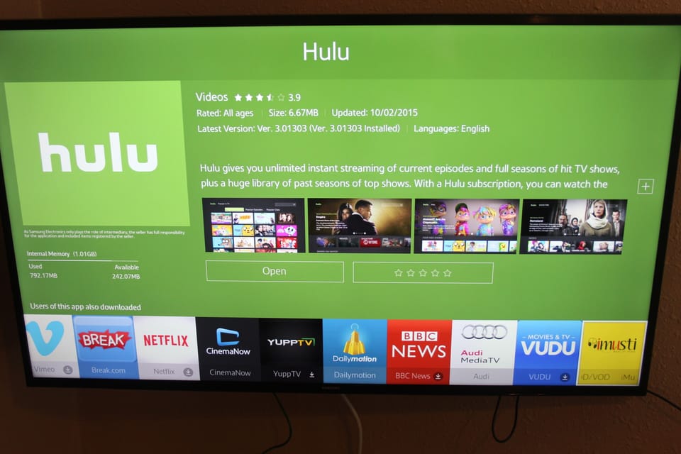 Smart 48" TV connected to an internet for streaming. Cable channels available.