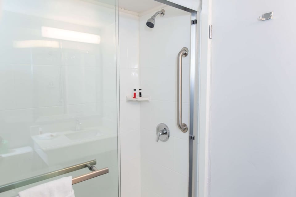 Combined shower/tub, free toiletries, hair dryer, towels