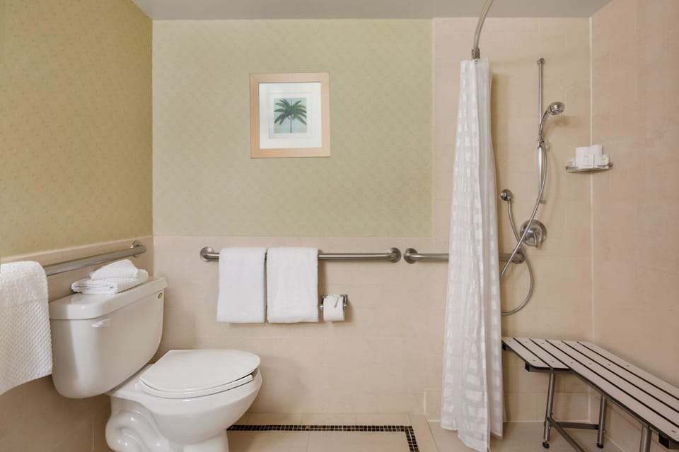 Combined shower/tub, free toiletries, hair dryer, towels