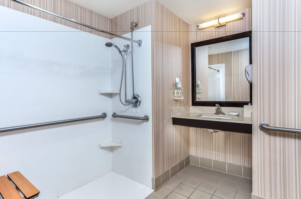 Combined shower/tub, free toiletries, hair dryer, towels