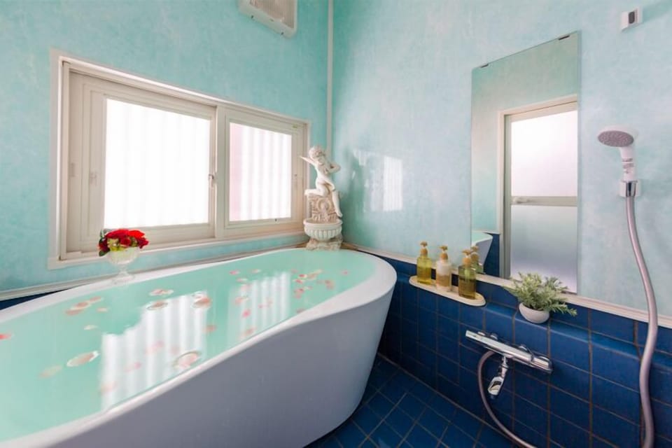 Separate tub and shower, free toiletries, hair dryer, slippers
