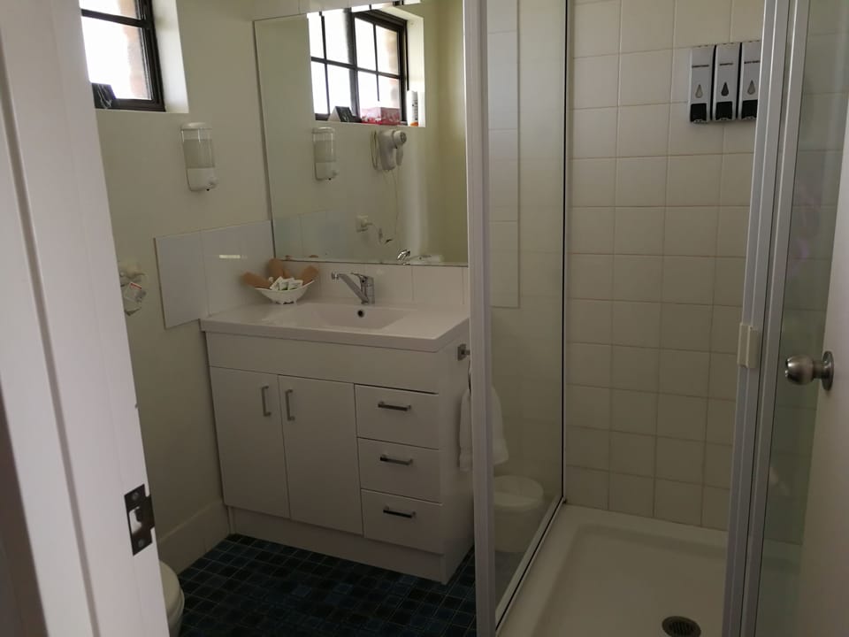 Shower, free toiletries, hair dryer, towels