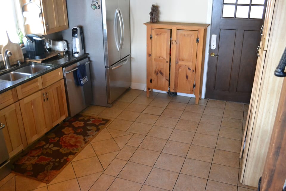 stainless fridge, Krupp's coffee maker