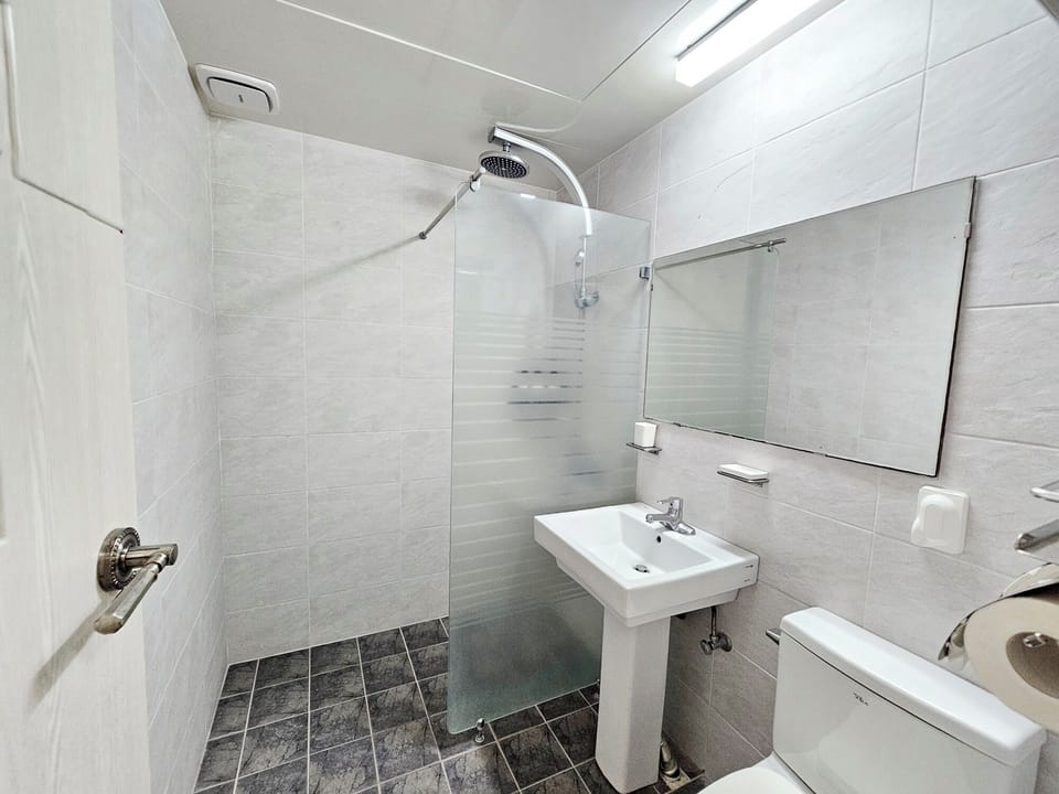 Shower, free toiletries, hair dryer, towels