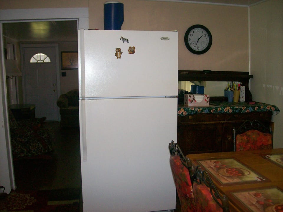 fridge, no ice-maker must fill ice cube pans just like grandma did. Memories!!