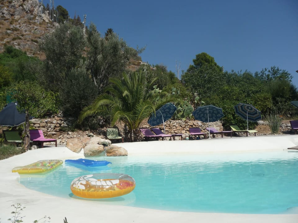 Natural lake-shaped pool in the middle of a Mediterranean garden with great view