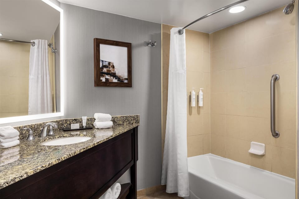 Combined shower/tub, free toiletries, hair dryer, towels