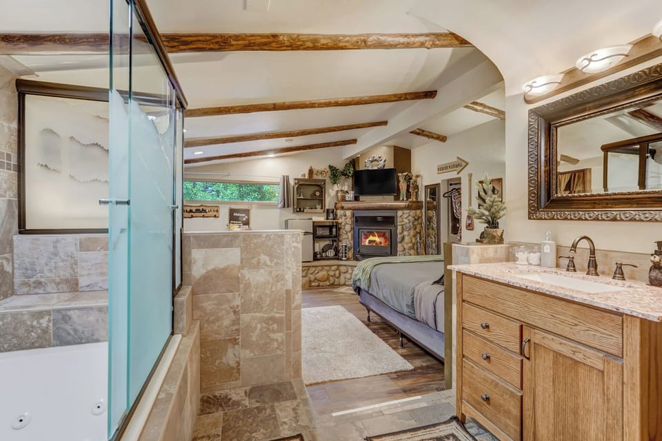 Looking back into living space from bathroom 