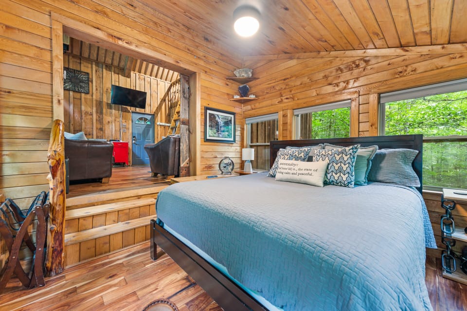 Barn door closes and locks in the master bedroom for privacy.