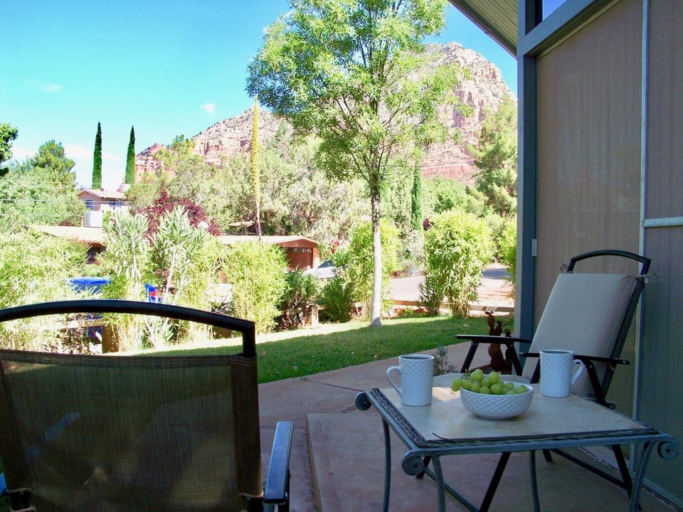 Mornings on the front porch. Shaded with view of Thunder Mountain.