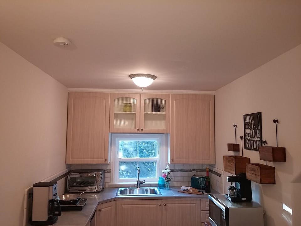 Kitchen w/ microwave, induction cooktop, toaster oven,  coffee & espresso makers