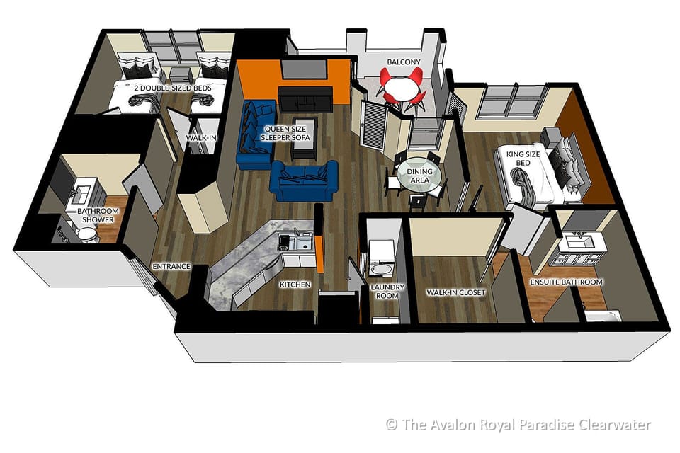 The Avalon Royal Paradise floor plan (1100 sq. ft.) 2 bedrooms, 4 beds, 2 baths