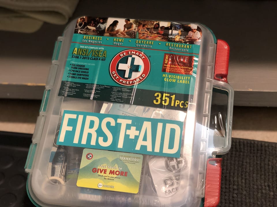 First aid kit is in the main bathroom, across from the Washer & dryer