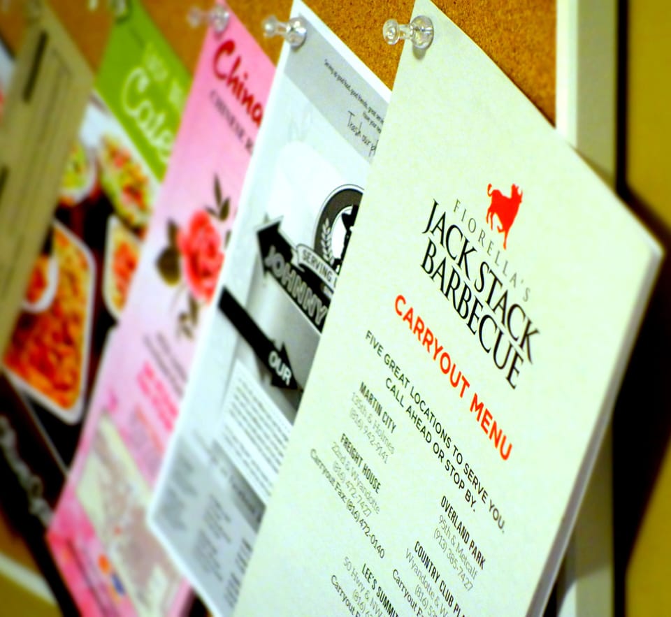 carry-out menus from nearby restaurants 
