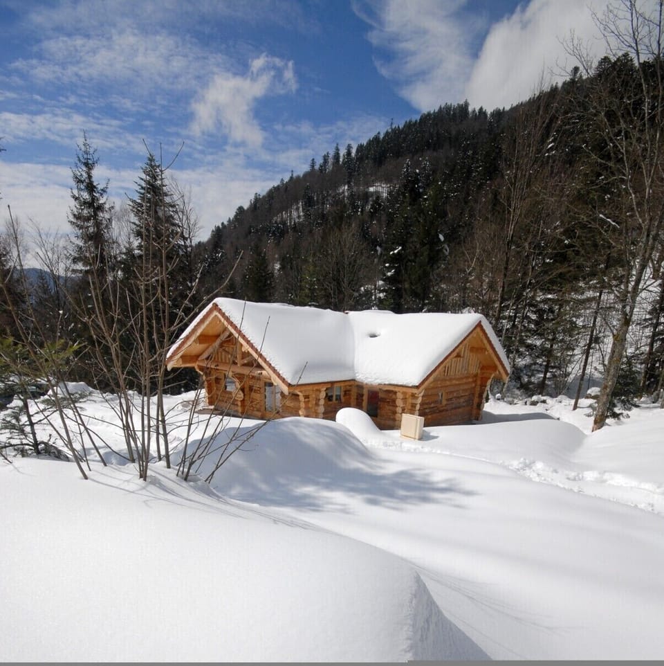 Chalet en rondin en hiver neige La Bresse