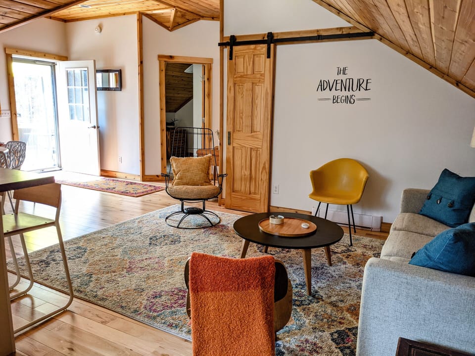 The living space with queen fold out sofa.