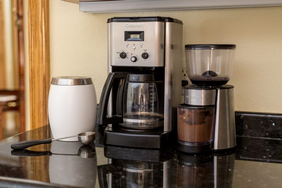 Coffee bar includes Whole bean coffee, Grinder, Cream and Sugar.