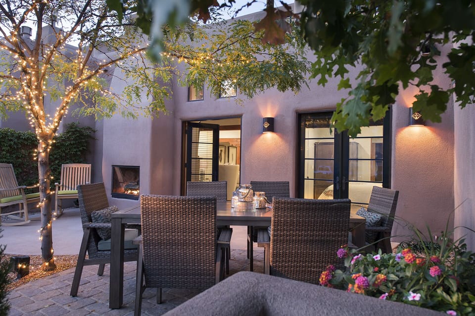 Large Patio with Fireplace for relaxing or dining after a day exploring Santa Fe