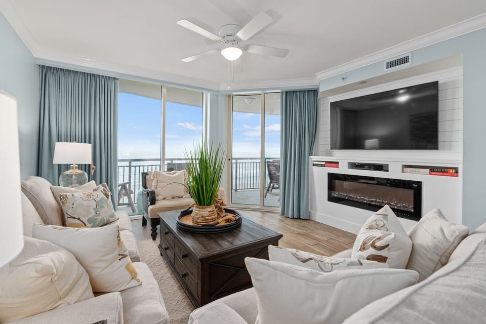 Bright living space with natural light and ocean views