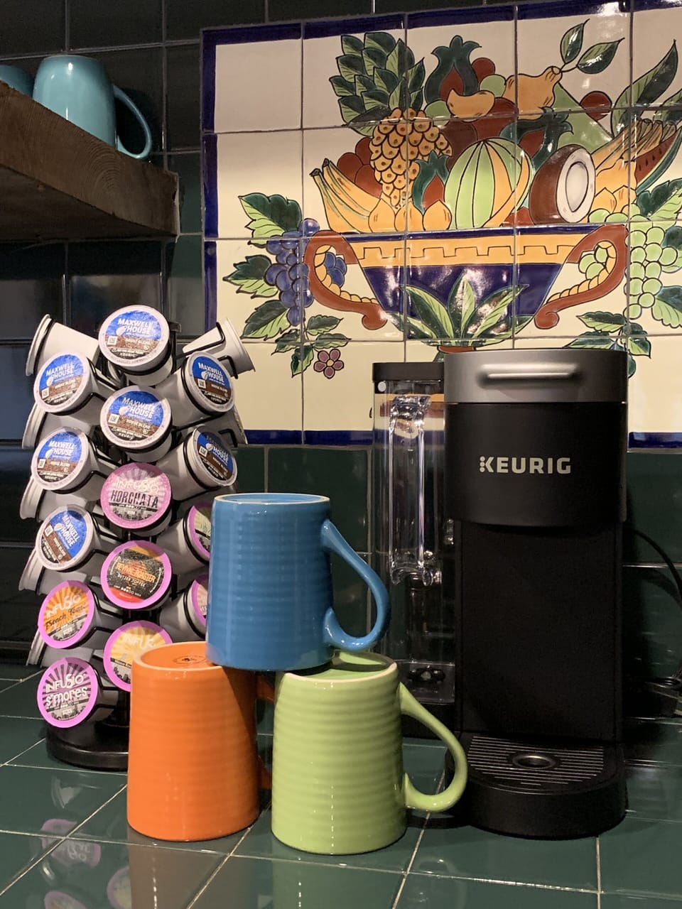 KEURIG w/selection of coffees/creamers
Tea variety as well