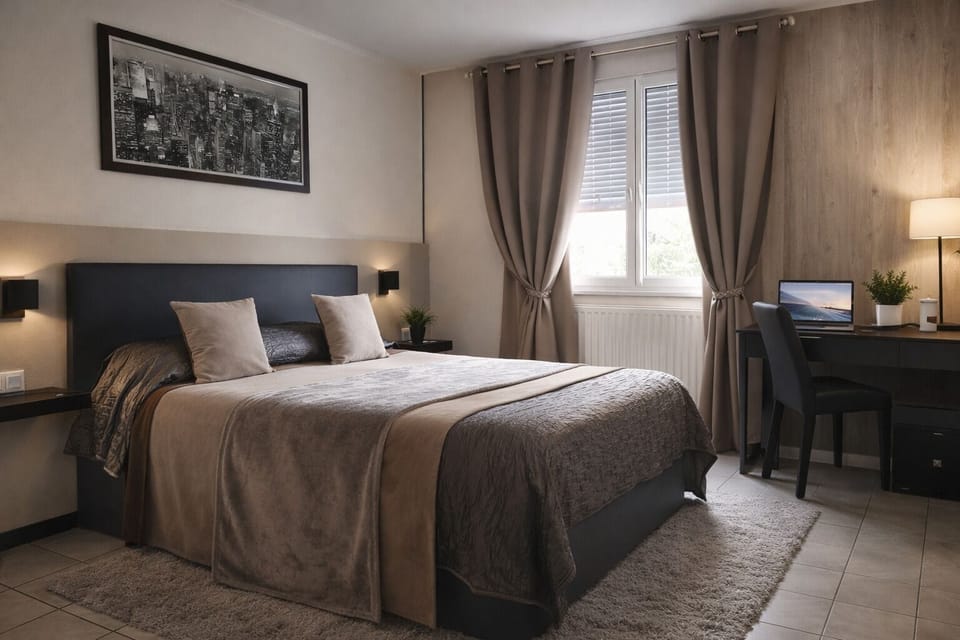 Desk, free WiFi, bed sheets